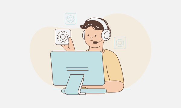 Male Technical Support Agent Working on Computer System Illustration
