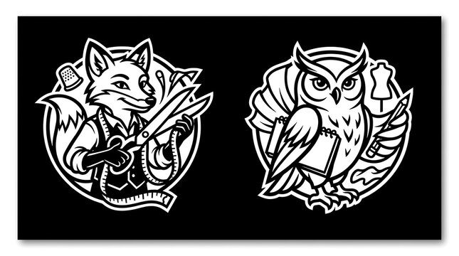 Fox and owl tailor circular woodcut emblems.