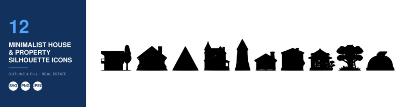 House Silhouettes Icons Set, Minimalist Property Design, Real Estate Symbol Illustration