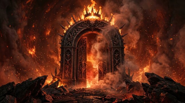 An illustration of a sinful curse hell gate surrounded by intense smoke and flame.