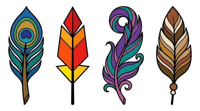 Four stylized colorful feather illustrations on white background.