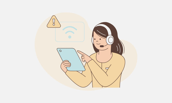 Woman Troubleshooting Internet Connectivity for Technical Customer Service Illustration