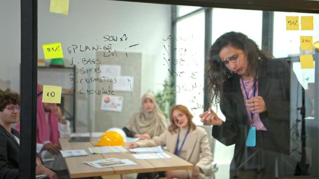 Businesswoman writing project plans on a glass board during a business meeting in a modern office, with colleagues working in the background
