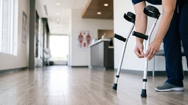 Healthcare worker adjusting metal forearm crutches in medical office