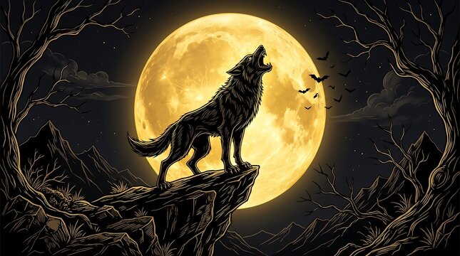 Black wolf howling at full moon from rocky cliffside under dark night sky with bats with emphasizing wild nature predator faces luminous celestial body background