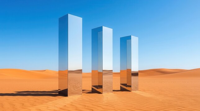 Three reflective pillars stand in a vast desert landscape under a clear blue sky.