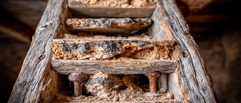 A close-up view of a deteriorating wooden ladder with rusted nails and crumbling rungs against a blurred background.