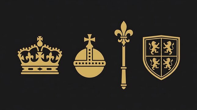 Golden royal heraldic symbols on black background.