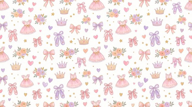 Cute baby girl seamless pattern, watercolor princess theme, pink bows and crowns, royal floral textures, nursery wall and text. Fabric printing background. Magical gifts