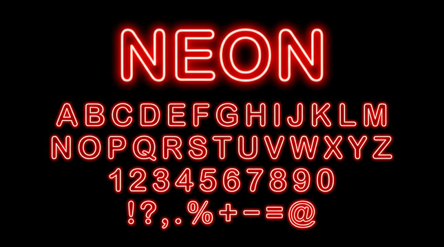 Glowing red neon font set with alphabet letters numbers and punctuation marks
