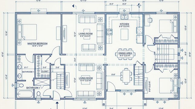Blue print floor plan showing a detailed architectural technical draw.