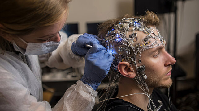Female researcher in protective gear attaches electrodes to male participant's head during brain activity monitoring session in a laboratory setting