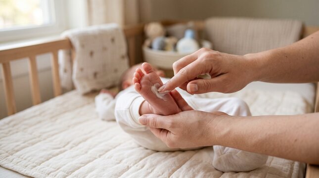 Mother applying moisturizing cream to infant baby foot in wooden crib