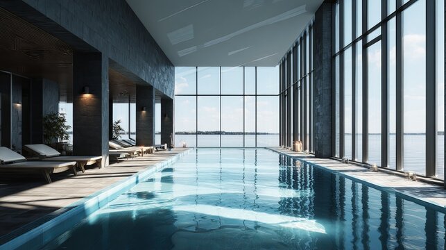 Modern indoor swimming pool with expansive glass windows overlooks calm waters, representing luxury and wellness concepts