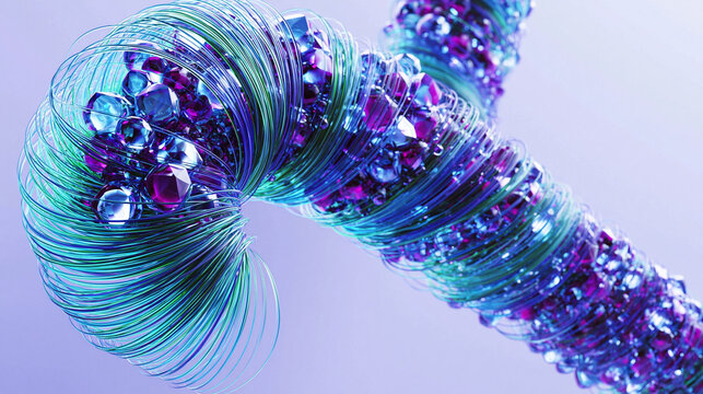 Twisted bundle of luminous fibers and crystalline nodes, representing photonic computing, optical interconnects, quantum data transfer and next-generation network infrastructure