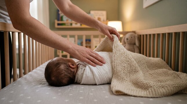 Mother tucking a newborn baby in a wooden crib with a soft blanket