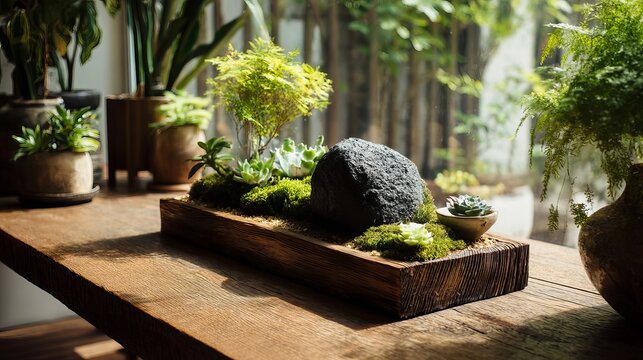 Lush green plants arranged artfully in a wooden tray, reflecting natural light, showcasing a modern botanical display