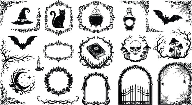Gothic Halloween frame collection set with black cat witch hat skull and vintage borders vector
