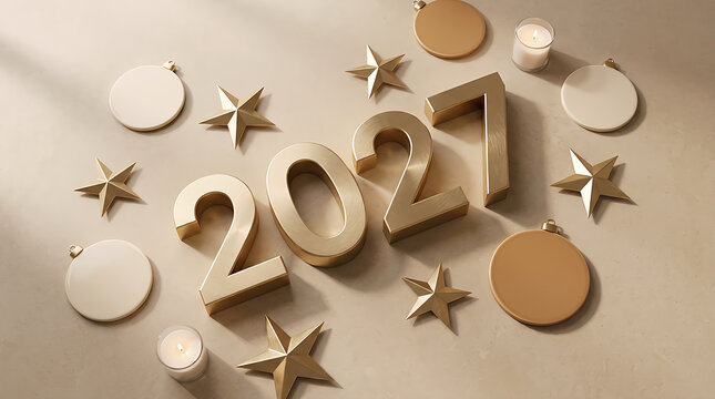 Three dimensional 2027 numbers with festive stars and circles on a soft background