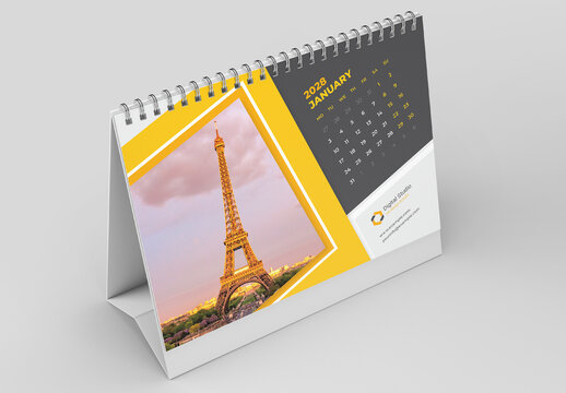 Creative Desk Calendar Layout with Yellow Accents