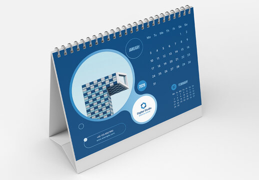 Creative Desk Calendar Layout with Classic Blue Accents