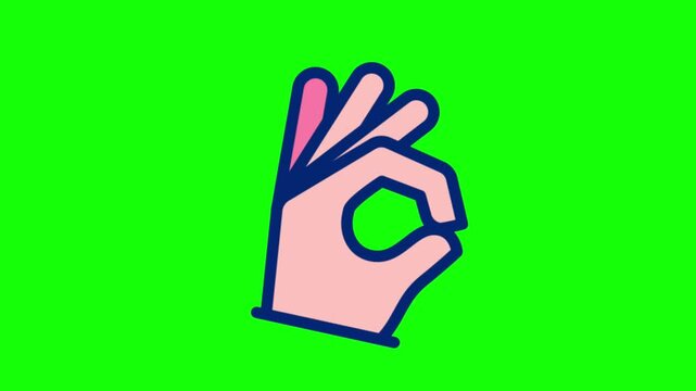 Animated ok hand gesture icon in 2d line art style on green screen chroma key background, 4k loop