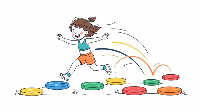 Icon Active Play: A Joyful Girl Building Gross Motor Skills by Jumping on Colorful Stepping Stones