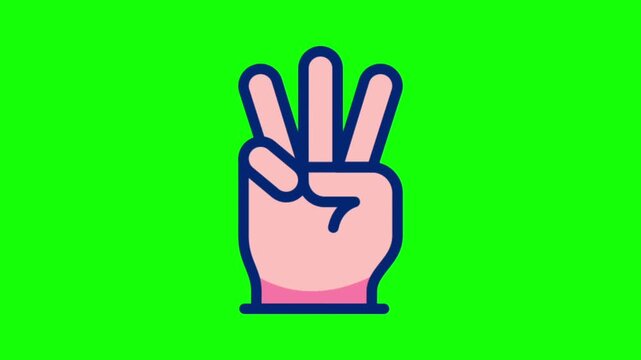 Animated cartoon hand gesture showing three fingers up on green screen background for video editing keying
