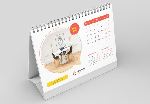 Desk Calendar Layout with Red and Yellow Accents