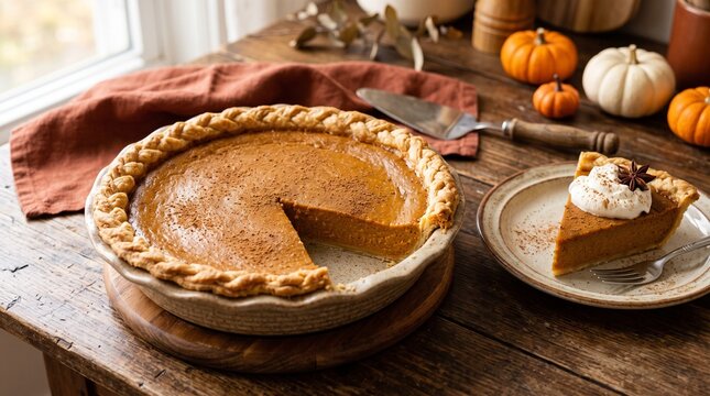 Pumpkin pie sits on a rustic wooden table beside small gourds and a slice with whipped cream.