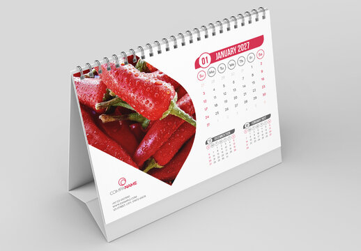 Desk Calendar Layout with Red Accents