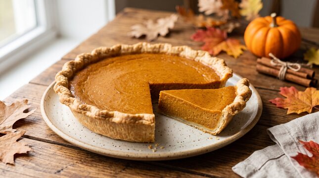 Pumpkin pie slice cut out from a whole pie served on a plate with autumn leaves and mini pumpkin.