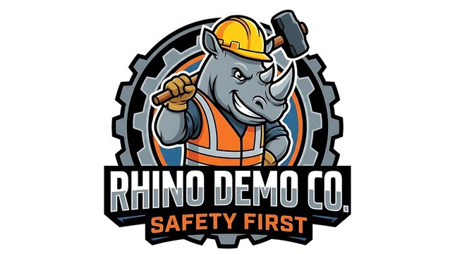 Rhino construction worker mascot logo with hammer.