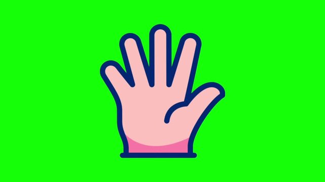 Animated hand waving gesture icon on green screen background, 2d cartoon motion design illustration