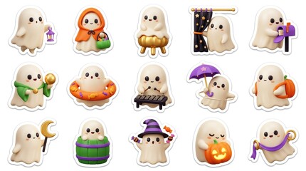 Naklejka premium Cute little ghost stickers set for halloween celebration isolated on white background