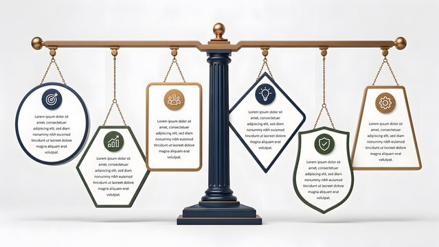 Business infographic scale with six hanging options, balanced decision making concept template, corporate comparison presentation slide