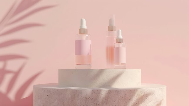 Pink serum dropper bottles for mothers day on pastel pink podium with soft shadow for cosmetic branding and skincare product display design. Copy space. Mock-up