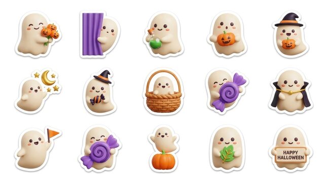 Cute cartoon ghost stickers set for halloween party isolated on white background