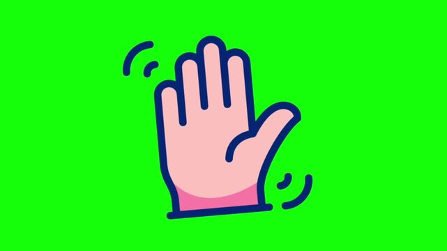 Animated hand waving hello gesture icon on green screen background, 2d cartoon motion design illustration