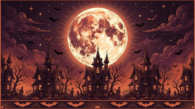 Spooky haunted mansions under glowing full moon halloween night landscape with silhouetted bats with Multiple Victorian style mansions pointed roofs glowing windows sit atop rolling hills