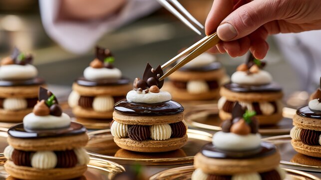 A professional pastry chef composition featuring tiramisu whoopie pies carefully finished with precision tweezers and micro chocolate decorations inside a Michelin-level dessert kitchen