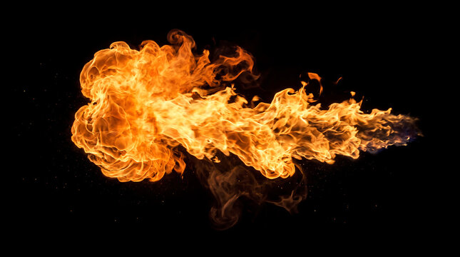 Fiery Red Orange Flames Burning on Black Background, Abstract Hot Blaze with Bright Fire Energy, Smoke and Motion in Darkness for Dramatic Background Concept