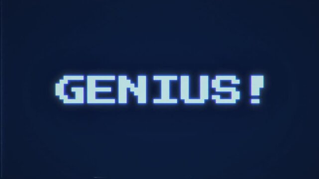 Retro VHS text animation featuring Genius with pixelated font and cyan glow effect. Authentic 1980s game aesthetic with digital distortion. For praise reactions and vintage gaming content.