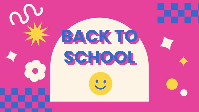Back to school pink arch doodle title animation with smiley face and checkered pattern corners