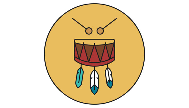 Native American tribal drum decorated with feathers and two drumsticks, set inside a golden circular background icon.