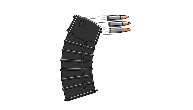 Black military rifle magazine clip with ammunition bullets flying out, isolated on a clean white background for shooting sport concept.