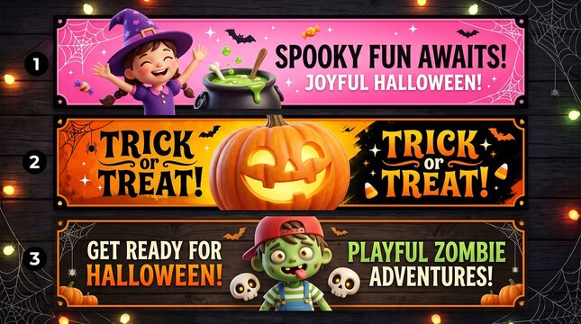 Set of three festive halloween promotional banners with bottom banner depicts playful green zombie child accompanied skulls dark wood background adorned string lights spider webs