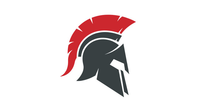 Spartan or roman gladiator helmet logo illustration with a red plume isolated on a white background vector design.