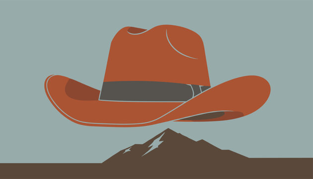 Stylized graphic illustration depicting a large orange cowboy hat floating above a simple brown mountain range under a gray sky.