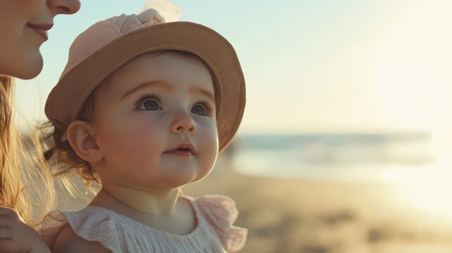 Close up portrait of a baby girl with hat and mother at the seaside for national daughter day greeting card design